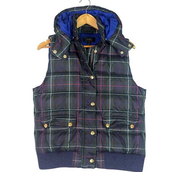 J Crew Down Puffer Vest Women Petite Large Plaid Hooded Prep Blue Green Quilted - Picture 1 of 8